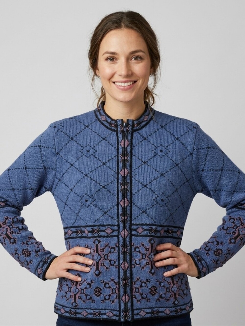 Vtg FROST Wool Blend Full Zip Nordic Cardigan Sweater 3D Knit Blue Size Small
